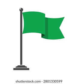 Green flag on metal pole vector illustration. Flat waving green swallowtail or pennant flag icon with stand, isolated on white background. Success, golf course marker, safety, and start signal concept.