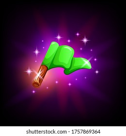Green flag on pole gui element for game or mobile application design on dark background. Start or finish vector icon in cartoon style.