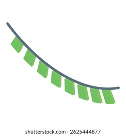 Green flags are hanging on a string forming a curved line, suitable for party or celebration concepts