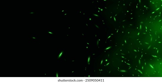 Green flame with sparks, fire with flying cinder, abstract glowing embers, heat sparkles, bokeh fire texture. Vector illustration.