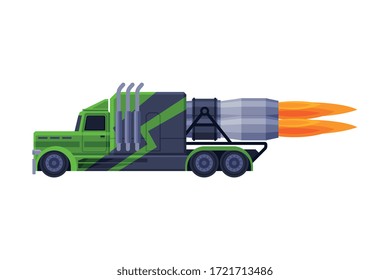Green Flaming Racing Truck, Turbo Heavy Vehicle Freight Machine Flat Vector Illustration