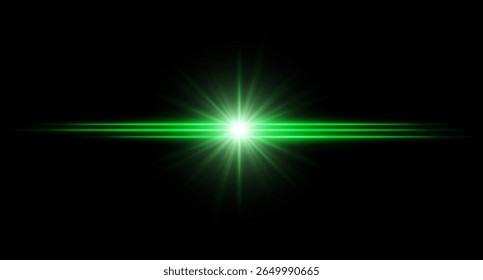 Green flare. Bright horizontal glow with radial light beams, high contrast center burst on dark background, clean illumination with sharp edges and soft halo.
