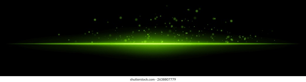 Green flare burst. Single glowing horizontal beam with scattered particles and flare on dark background. Perfect for energy, tech, fire, sci-fi motion effects.