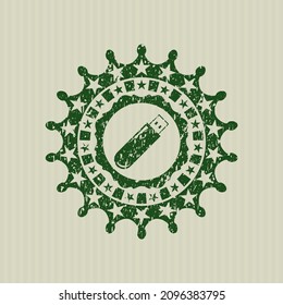 Green flash drive icon inside grunge seal. 
