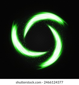 Un destello verde vuela en un círculo en un anillo luminoso. Partículas mágicas de polvo brillantes. Brillante rastro de polvo brillante.