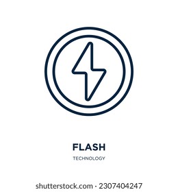 icono de flash verde de la colección de tecnología. Brillo verde lineal delgado, flash, icono de contorno circular aislado en fondo blanco. Signo de flash verde vectorial de línea, símbolo para web y móvil