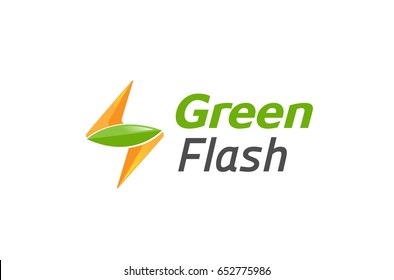 Green Flash Leaf Thunder Bolt Logo Vector Symbol Design Illustration