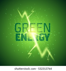 Green flash of lightning around the letters. Logo Design for energy drinks or household products. Vector illustration