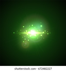Green Flash with rays and spotlight. Realistic light glare, high loth, star glow. Lens flare effect on black background. Bright Sunflare Explosion. Shining Vector illustration Beautiful Template.