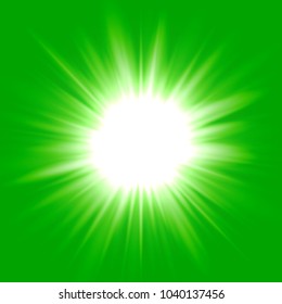 Green flash star background, white light rays vector illustration