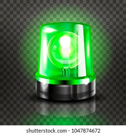 Green Flasher Siren Vector. Realistic Object. Light Effect. Beacon For Police Cars Ambulance, Fire Trucks. Emergency Flashing Siren. Transparent Background vector Illustration