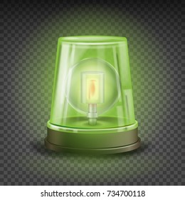Green Flasher Siren Vector. Realistic Object. Light Effect. Rotation Beacon. Warning And Emergency Flashing Siren. Isolated On Transparent Background Illustration
