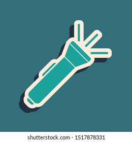 Green Flashlight icon isolated on blue background. Long shadow style. Vector Illustration