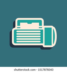 Green Flashlight icon isolated on blue background. Tourist flashlight handle. Long shadow style. Vector Illustration