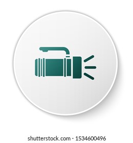 Green Flashlight icon isolated on white background. Tourist flashlight handle. White circle button. Vector Illustration