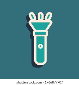 Green Flashlight icon isolated on green background. Long shadow style. Vector
