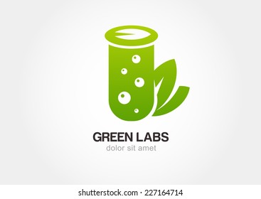 Green flask with leaves, lab icon. Vector logo design template.