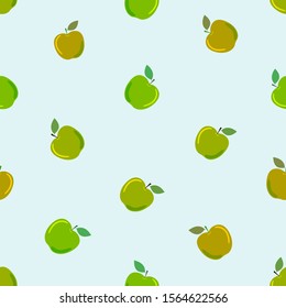 Green flat apples with leaves on light blue background. Seamless fruit summer pattern.