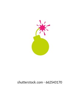 Green flat bomb icon. Round inclined to the right bomb with fuse and pink magenta fire. isolated on white. Vector illustration. Cartoon style pictogram. Eco sign.