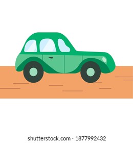 A green flat car is driving on the road. Vector illustration isolated on white background. Eco-friendly car