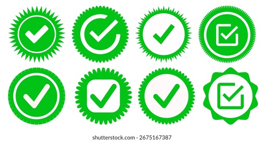 Ícones de marca de seleção de plano verde definidos no plano de fundo transparente. Ilustração vetorial.