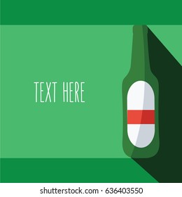 green flat design style background for new beer advertising & banner for football or soccer & space for text. one cold bottle beer vector cartoon isolated modern simple with shadow 