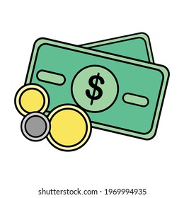 green flat dollar bill icon and gold silver coin