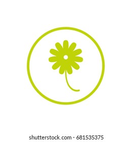Green flat icon of camomile flower with stem at the left. Left turn sign in green circle. Bloom with long oval petals and empty core. Isolated on white. Vector illustration. Eco style. Nature