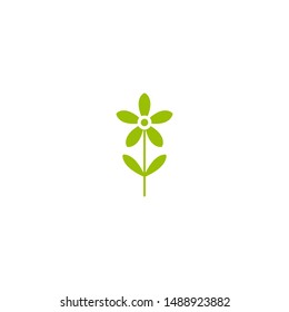 Green flat icon of daisy flower with sprig and leaves. Big Bloom with big oval petals and white core. Isolated on white. Vector illustration. Eco style. Nature symbol.