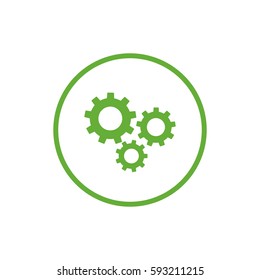 Green flat icon of gears in circle. Isolated on white. Eco style. Combination of pinions. Vector flat illustration for technology or innovation. Settings.
