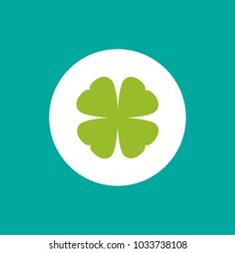 Green flat icon of irish clover in circle. Shamrock isolated on blue background. Vector illustration. Eco style. St Patrick day badge