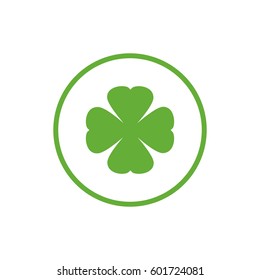 Green flat icon of irish clover in circle. Shamrock isolated on white. Vector illustration. Eco style. St Patrick day badge