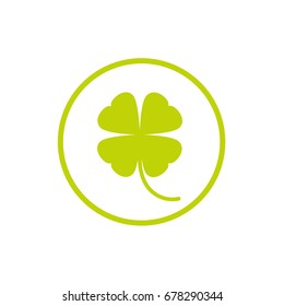 Green flat icon of irish clover with stem in green circle. Shamrock isolated on white. Vector illustration. Eco style. St Patrick day badge