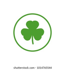 Green flat icon of irish three leaves clover in circle. Shamrock isolated on white. Vector illustration. Eco style. St Patrick day badge