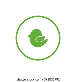 Green flat icon of little bird in circle. Isolated on white. Vector illustration. Eco style. 