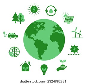 Green flat icon set related to renewable energy. Energy sources. Vector icons. EPS 10.