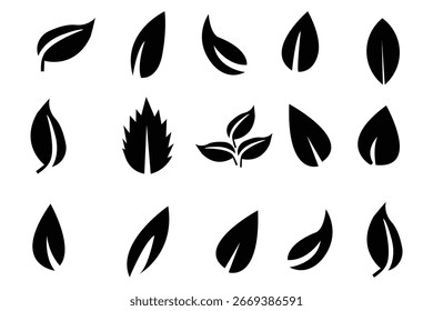 Green flat leaf and plant icons with various botanical shapes representing nature, ecology, and eco-friendly environment concepts