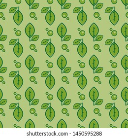 Green flat leaves on a green background. Seamless vector pattern with green leaves.