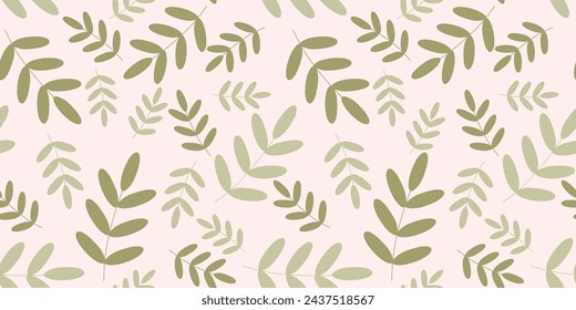 Green Flat Leaves Seamless Pattern. Endless Vector Background. Cartoon Botany Illustration, Floral Nature Template for Textile, Fabric, Wrapping paper, Covering, Wallpaper. Decorative Backdrop.
