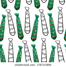 Green flat style and black outline style neckties with garlands print seamless pattern. Decoration for card, wrapper and textile. White background, vector.