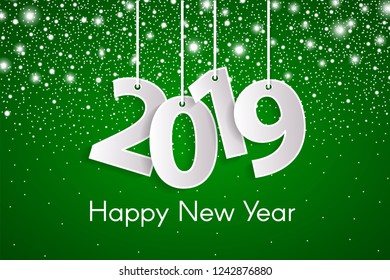Green flat style origami Happy New Year 2019 greeting card concept with paper cuted white numbers on ropes and shining snow. Vector illustration