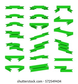 Green Flat Style Ribbons Banners Set. Vector