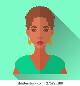 Green flat style square shaped female character icon with shadow. Illustration of an attractive african american woman with short curly afro hairstyle wearing green shirt and golden hoop earrings.