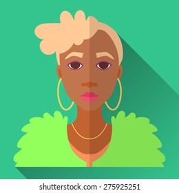 Green flat style square shaped female character icon with shadow. Illustration of fashionable african american woman with short blonde stylish haircut wearing green fur coat and golden hoop earrings.
