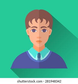 Green flat style square shaped male character icon with shadow. Illustration of a young schoolboy or a college student with brown hair wearing school uniform.