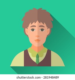 Green flat style square shaped male character icon with shadow. Illustration of a young man wearing a green shirt, brown vest and a tie.