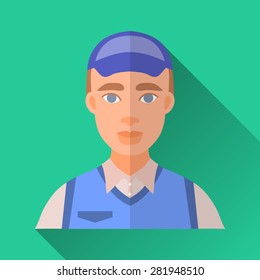 Green flat style square shaped male character icon with shadow. Illustration of a young worker man wearing corporate clothing: white shirt, blue vest and a cap.
