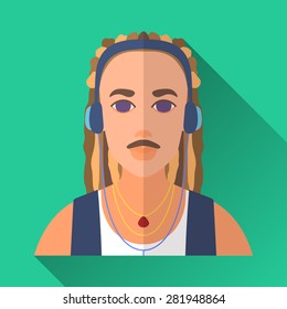 Green flat style square shaped male character icon with shadow. Illustration of a man with dreadlocks and moustache, in headphones listening to music.