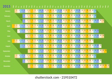Green flat styled linear calendar 2015 with long shadow