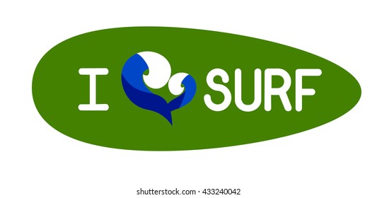 A green flat  surfboard with letters and two waves in the shape of heart, vector illustration isolated on white.